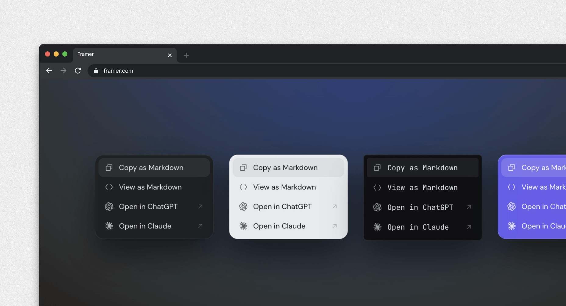 The Copy to LLM button shown in four styles on a site built in Framer